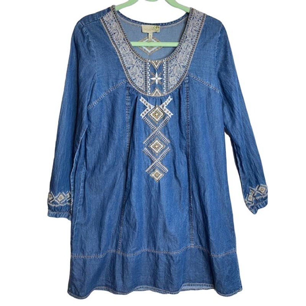 Sahalie Dark Chambray‎ Long Sleeve Embroidered Cotton Dress Sz Medium